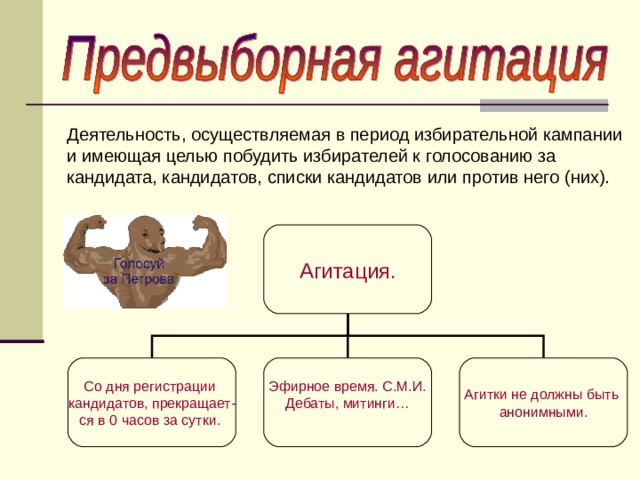 Деятельность, осуществляемая в период избирательной кампании и имеющая целью побудить избирателей к голосованию за кандидата, кандидатов, списки кандидатов или против него (них). Агитация. Со дня регистрации кандидатов, прекращает- ся в 0 часов за сутки.  Эфирное время. С.М.И. Дебаты, митинги… Агитки не должны быть анонимными. 