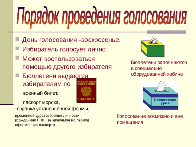 День голосования -воскресенье. Избиратель голосует лично Может воспользоваться помощью другого избирателя Бюллетени выдаются избирателям по   Бюллетени заполняются в специально оборудованной кабине Голосование возможно и вне помещения временное удостоверение личности гражданина Р Ф ., выдаваемое на период оформления паспорта 