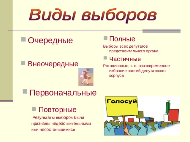 Полные Выборы всех депутатов представительного органа. Частичные Ротационные, т. е. разновременное избрание частей депутатского корпуса Очередные  Внеочередные    Первоначальные  Повторные  Результаты выборов были признаны недействительными или несостоявшимися 