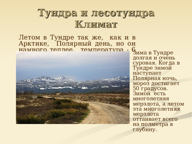 Тундра и лесотундра  Климат  Летом в Тундре так же, как и в Арктике, Полярный день, но он намного теплее, температура - 6 градусов тепла.  Зима в Тундре долгая и очень суровая. Когда в Тундре зимой наступает Полярная ночь, мороз достигает 50 градусов. Зимой есть многолетняя мерзлота, а летом эта многолетняя мерзлота оттаивает всего на полметра в глубину.