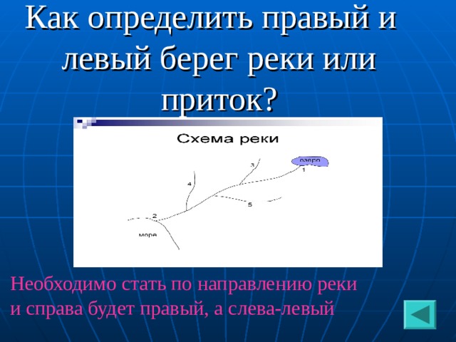 Как определить правый и левый берег реки или приток? Необходимо стать по направлению реки и справа будет правый, а слева-левый 