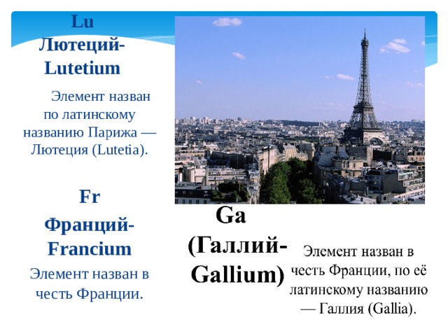 Lu  Лютеций-Lutetium  Элемент назван по латинскому названию Парижа — Лютеция (Lutetia). Fr Франций-Francium Элемент назван в честь Франции. 