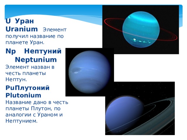 U  Уран  Uranium  Элемент получил название по планете Уран. Np  Нептуний  Neptunium  Элемент назван в честь планеты Нептун. Pu  Плутоний  Plutonium  Название дано в честь планеты Плутон, по аналогии с Ураном и Нептунием. 