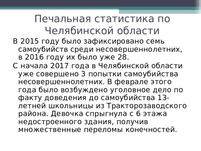 Печальная статистика по Челябинской области В 2015 году было зафиксировано семь самоубийств среди несовершеннолетних, в 2016 году их было уже 28. С начала 2017 года в Челябинской области уже совершено 3 попытки самоубийства несовершеннолетних. В феврале этого года было возбуждено уголовное дело по факту доведения до самоубийства 13-летней школьницы из Тракторозаводского района. Девочка спрыгнула с 6 этажа недостроенного здания, получив множественные переломы конечностей. 
