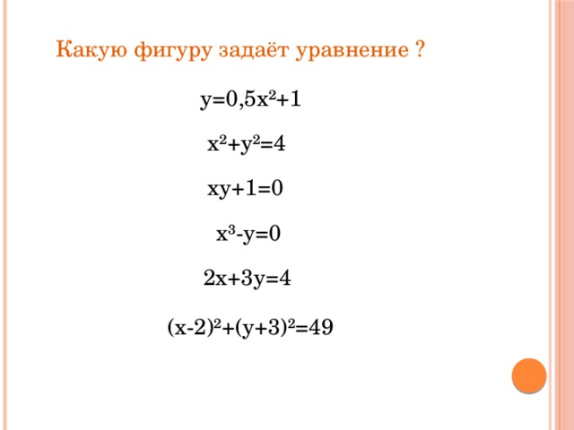 Какую фигуру задаёт уравнение ? у=0,5х²+1 х²+у²=4 ху+1=0 х³-у=0 2х+3у=4 (х-2)²+(у+3)²=49