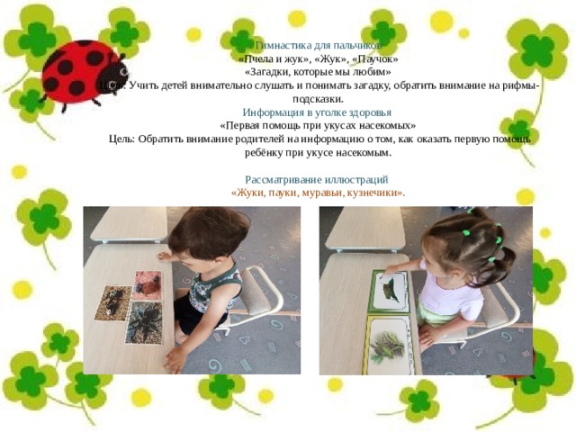 Гимнастика для пальчиков «Пчела и жук», «Жук», «Паучок» «Загадки, которые мы любим» Цель: Учить детей внимательно слушать и понимать загадку, обратить внимание на рифмы-подсказки. Информация в уголке здоровья   «Первая помощь при укусах насекомых» Цель: Обратить внимание родителей на информацию о том, как оказать первую помощь ребёнку при укусе насекомым. Рассматривание иллюстраций   «Жуки, пауки, муравьи, кузнечики».   