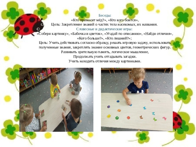 Беседы:  «Кто приносит мёд?», «Кто кого боится», Цель: Закрепление знаний о частях тела насекомых, их названия. Словесные и дидактические игры: «Собери картинку», «Бабочка и цветок», «Угадай по описанию», «Найди отличия», «Кого больше?», «Кто лишний?»;  Цель: Учить действовать согласно образцу, решать игровую задачу, использовать полученные знания, закреплять знание основных цветов, геометрических фигур. Развивать зрительную память, логическое мышление, Продолжать учить отгадывать загадки. Учить находить отличия между картинками. 