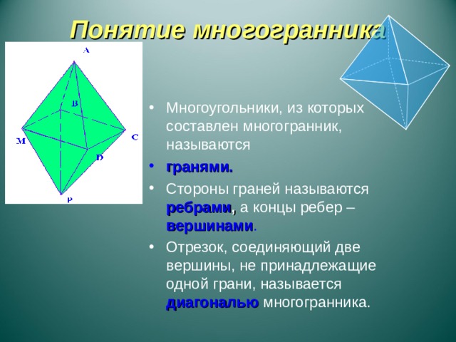 Понятие многогранника Многоугольники, из которых составлен многогранник, называются гранями. Стороны граней называются ребрами , а концы ребер – вершинами . Отрезок, соединяющий две вершины, не принадлежащие одной грани, называется диагональю  многогранника. 