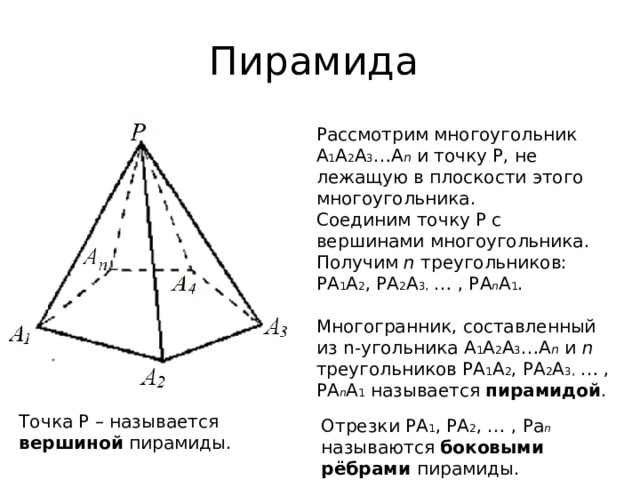 Пирамида Рассмотрим многоугольник А 1 А 2 А 3 …А n  и точку Р, не лежащую в плоскости этого многоугольника. Соединим точку Р с вершинами многоугольника. Получим n треугольников: РА 1 А 2 , РА 2 А 3, … , РА n А 1 . Многогранник, составленный из n-угольника А 1 А 2 А 3 …А n  и n треугольников РА 1 А 2 , РА 2 А 3, … , РА n А 1 называется пирамидой . Точка Р – называется вершиной пирамиды. Отрезки РА 1 , РА 2 , … , Ра n называются боковыми рёбрами пирамиды. 