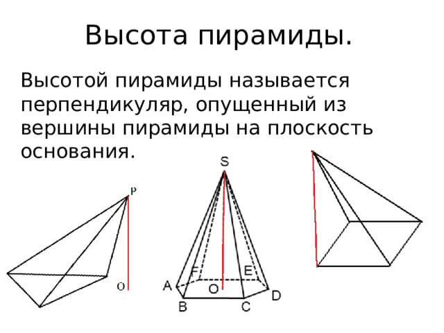 Высота пирамиды. Высотой пирамиды называется перпендикуляр, опущенный из вершины пирамиды на плоскость основания. 