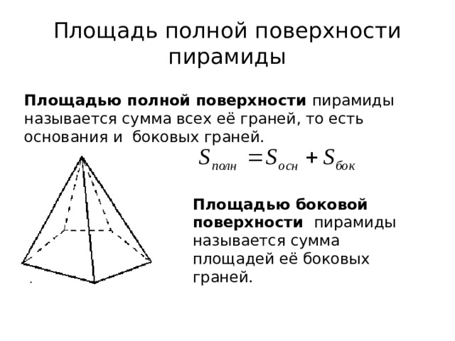 Формула полной и боковой. Формула полной поверхности пирамиды. Формула боковой и полной поверхности пирамиды. Площадь поверхности правильной треугольной пирамиды формула. Формула вычисления боковой поверхности правильной пирамиды.