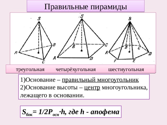 Правильные пирамиды  треугольная четырёхугольная шестиугольная 1)Основание – правильный многоугольник 2)Основание высоты – центр многоугольника, лежащего в основании. S бок = 1/2Р осн ·h, где h - апофема 