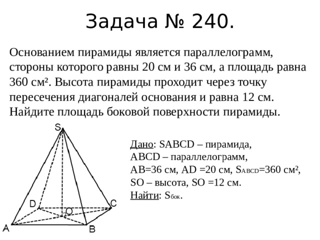 Задача № 240. Основанием пирамиды является параллелограмм, стороны которого равны 20 см и 36 см, а площадь равна 360 см². Высота пирамиды проходит через точку пересечения диагоналей основания и равна 12 см. Найдите площадь боковой поверхности пирамиды. Дано : SABCD – пирамида, АВСD – параллелограмм, АВ=36 см, АD =20 см, S ABCD =360 см², SO – высота, SO =12 см. Найти : S бок . 