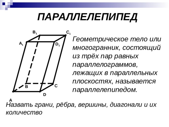 ПАРАЛЛЕЛЕПИПЕД B 1 C 1 Геометрическое тело или многогранник, состоящий из трёх пар равных параллелограммов, лежащих в параллельных плоскостях, называется параллелепипедом. А 1 D 1 С В  А D Назвать грани, рёбра, вершины, диагонали и их количество 