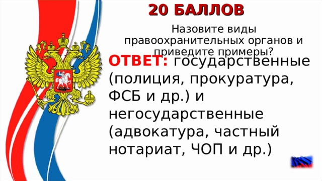 20 БАЛЛОВ Назовите виды правоохранительных органов и приведите примеры? ОТВЕТ: государственные (полиция, прокуратура, ФСБ и др.) и негосударственные (адвокатура, частный нотариат, ЧОП и др.)  
