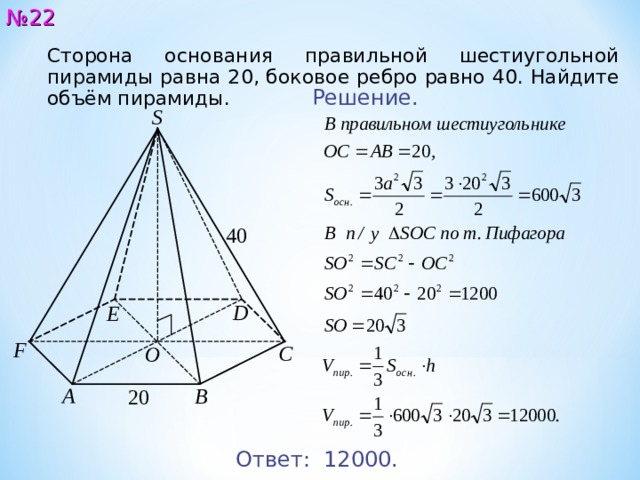 Сторона основания шестиугольной пирамиды 16 17