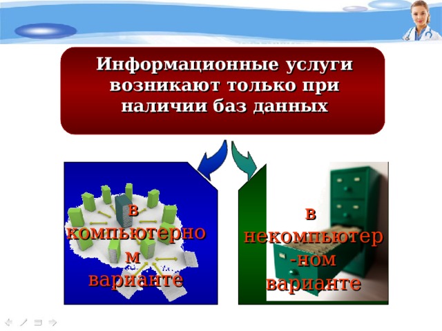 Информационные услуги возникают только при наличии баз данных  в компьютерном варианте в некомпьютер-ном варианте 
