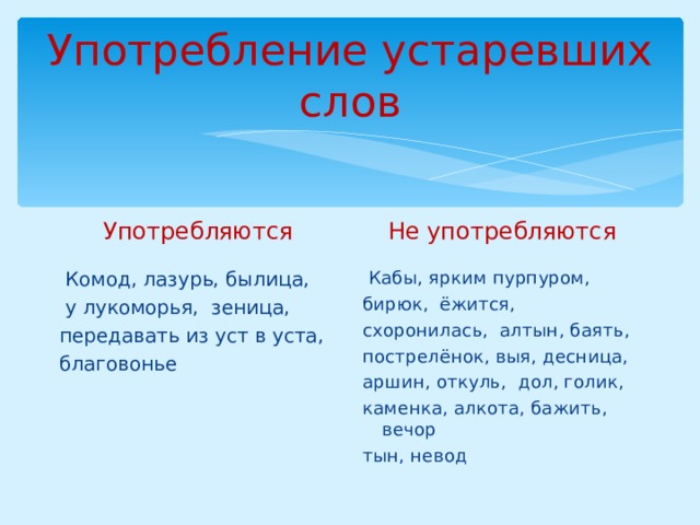 Употребление устаревших слов Употребляются Не употребляются  Комод, лазурь, былица,  у лукоморья, зеница, передавать из уст в уста, благовонье  Кабы, ярким пурпуром, бирюк, ёжится, схоронилась, алтын, баять, пострелёнок, выя, десница, аршин, откуль, дол, голик, каменка, алкота, бажить, вечор тын, невод 