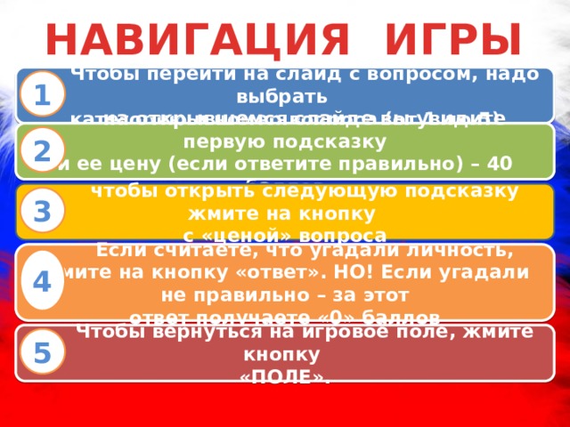НАВИГАЦИЯ ИГРЫ  Чтобы перейти на слайд с вопросом, надо выбрать категорию и номер вопроса (от 1 до 5) 1  на открывшемся слайде вы увидите первую подсказку и ее цену (если ответите правильно) – 40 баллов 2  чтобы открыть следующую подсказку жмите на кнопку с «ценой» вопроса 3  Если считаете, что угадали личность, жмите на кнопку «ответ». НО! Если угадали не правильно – за этот ответ получаете «0» баллов 4  Чтобы вернуться на игровое поле, жмите кнопку «ПОЛЕ». 5 