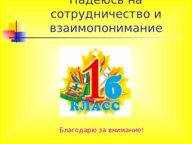 Надеюсь на сотрудничество и взаимопонимание Благодарю за внимание! 