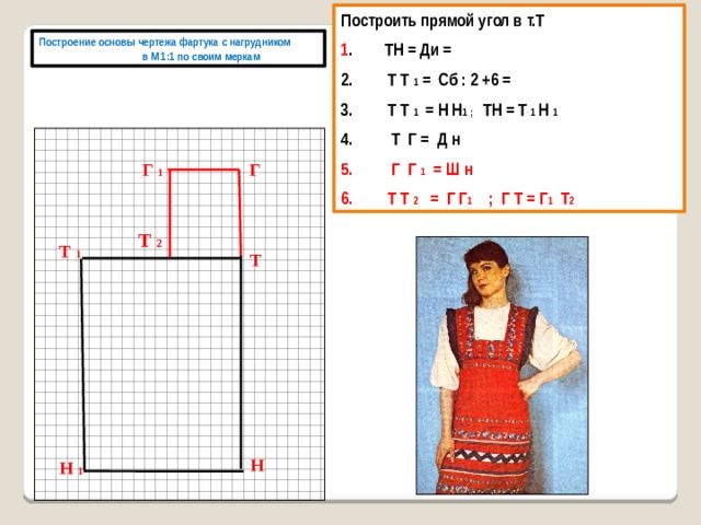 Построить прямой угол в т.Т  1 . ТН = Ди =  Т Т 1 = Сб : 2 +6 =  Т Т 1 = Н Н 1 ; ТН = Т 1 Н 1  Т Г = Д н  Г Г 1 = Ш н  Т Т 2 = Г Г 1 ; Г Т = Г 1 Т 2 Построение основы чертежа фартука с нагрудником в М 1:1 по своим меркам Г 1 Г Т 2 Т 1 Т Н Н 1 