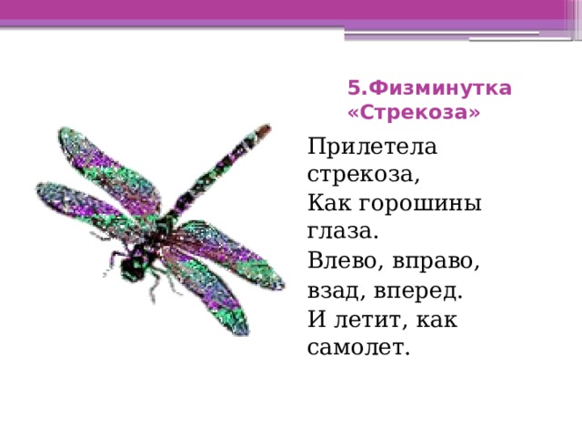 5.Физминутка  «Стрекоза» Прилетела стрекоза, Как горошины глаза. Влево, вправо, взад, вперед. И летит, как самолет.