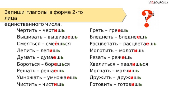 Запиши глаголы в форме 2-го лица единственного числа. Чертить – черт и ш ь Греть – гре е ш ь Вышивать – вышива е ш ь Бледнеть – бледне е ш ь Смеяться – сме ё ш ь ся Расцветать – расцвета е ш ь Молотить – молот и шь Лепить – леп и ш ь Резать – реж е шь Думать – дума е ш ь Хвалиться – хвал и ш ь ся Бороться – бор е ш ь ся Молчать – молч и ш ь Решать – реша е ш ь Дружить – друж и ш ь Умножать – умножа е ш ь Чистить – чист и ш ь Готовить – готов и ш ь 