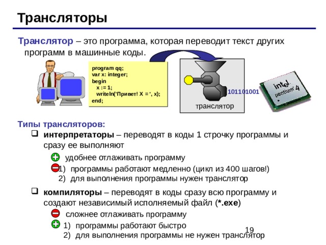 Трансляторы Транслятор – это программа, которая переводит текст других программ в машинные коды. program qq; var x: integer; begin  x := 1;  writeln(' Привет! X = ', x); end; 10110100 1 транслятор Типы трансляторов: интерпретаторы – переводят в коды 1 строчку программы и сразу ее выполняют    компиляторы – переводят в коды сразу всю программу и создают независимый исполняемый файл ( *.exe ) интерпретаторы – переводят в коды 1 строчку программы и сразу ее выполняют    компиляторы – переводят в коды сразу всю программу и создают независимый исполняемый файл ( *.exe ) 