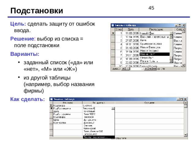 Подстановки Цель: сделать защиту от ошибок ввода. Решение : выбор из списка = поле подстановки Варианты: заданный список («да» или «нет», «М» или «Ж») из другой таблицы (например, выбор названия фирмы) заданный список («да» или «нет», «М» или «Ж») из другой таблицы (например, выбор названия фирмы) Как сделать: 