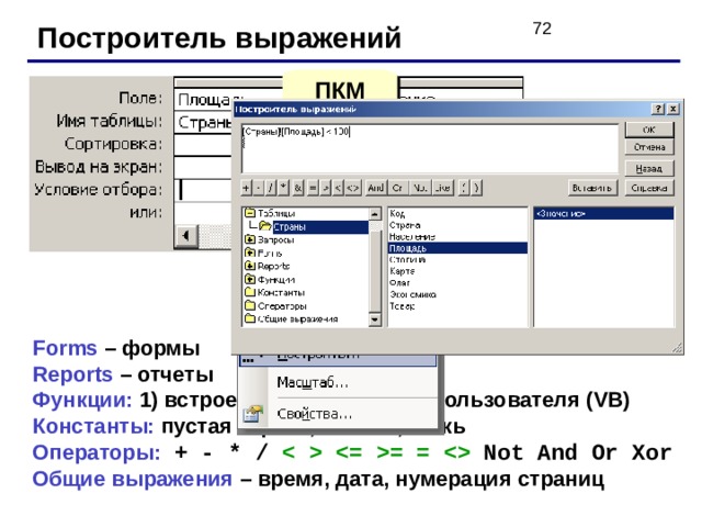 Построитель выражений ПКМ Forms  – формы Reports  – отчеты Функции: 1) встроенные; 2) функции пользователя ( VB)  Константы: пустая строка, Истина, Ложь Операторы: + - * /  = =  Not And Or Xor Общие выражения – время, дата, нумерация страниц 