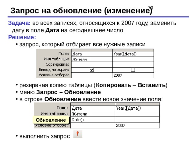 Запрос на обновление (изменение) Задача: во всех записях, относящихся к 2007 году, заменить дату в поле Дата на сегодняшнее число. Решение: запрос, который отбирает все нужные записи резервная копию таблицы ( Копировать – Вставить ) меню Запрос – Обновление в строке Обновление ввести новое значение поля : выполнить запрос запрос, который отбирает все нужные записи резервная копию таблицы ( Копировать – Вставить ) меню Запрос – Обновление в строке Обновление ввести новое значение поля : выполнить запрос Обновление 