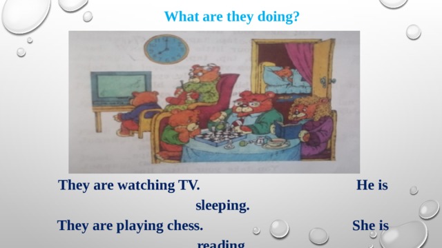 What are they doing? They are watching TV.  He is sleeping. They are playing chess.  She is reading. 