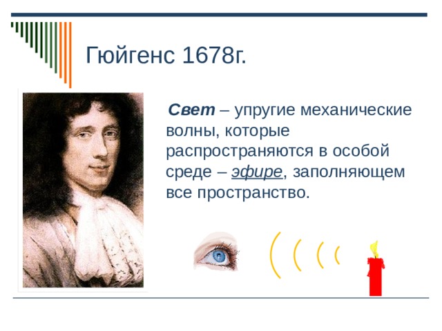 Гюйгенс 1678г.  Свет – упругие механические волны, которые распространяются в особой среде – эфире , заполняющем все пространство. 