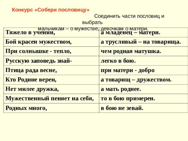 Соедините части пословиц запишите