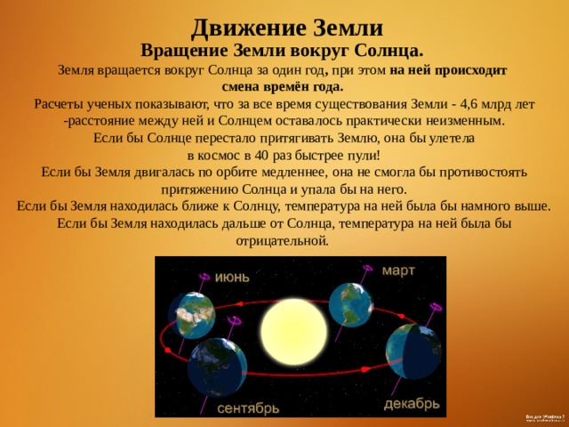 Движение Земли Вращение Земли вокруг Солнца.  Земля вращается вокруг Солнца за один год , при этом на ней происходит смена времён года.   Расчеты ученых показывают, что за все время существования Земли - 4,6 млрд лет -расстояние между ней и Солнцем оставалось практически неизменным. Если бы Солнце перестало притягивать Землю, она бы улетела  в космос в 40 раз быстрее пули! Если бы Земля двигалась по орбите медленнее, она не смогла бы противостоять притяжению Солнца и упала бы на него. Если бы Земля находилась ближе к Солнцу, температура на ней была бы намного выше. Если бы Земля находилась дальше от Солнца, температура на ней была бы отрицательной.  