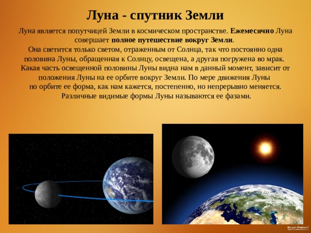 Луна - спутник Земли Луна является попутчицей Земли в космическом пространстве. Ежемесячно Луна совершает полное путешествие вокруг Земли . Она светится только светом, отраженным от Солнца, так что постоянно одна половина Луны, обращенная к Солнцу, освещена, а другая погружена во мрак. Какая часть освещенной половины Луны видна нам в данный момент, зависит от положения Луны на ее орбите вокруг Земли. По мере движения Луны по орбите ее форма, как нам кажется, постепенно, но непрерывно меняется.  Различные видимые формы Луны называются ее фазами. 