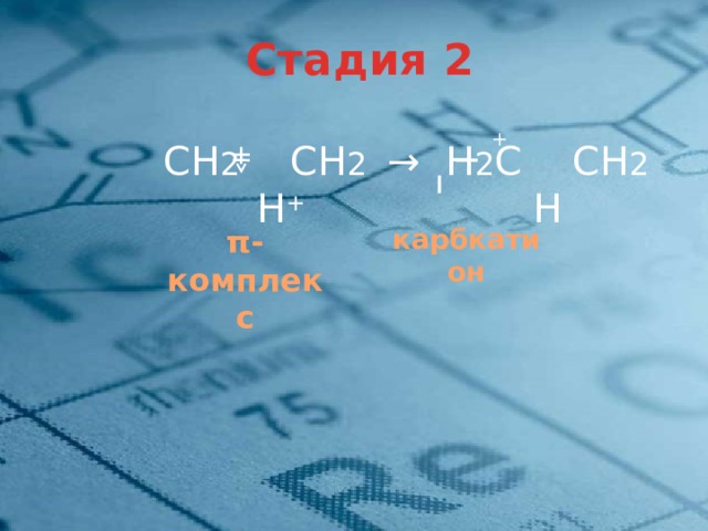 Стадия 2 + СН 2 СН 2 → Н 2 С СН 2       H +     H карбкатион π-комплекс 6 
