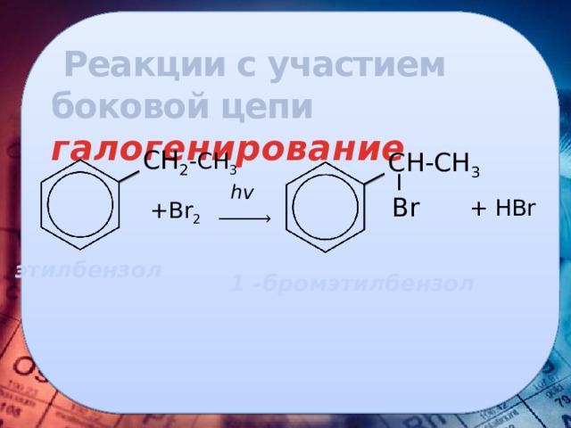  Реакции с участием боковой цепи галогенирование CH 2 -CH 3 CH-CH 3 I hv Br + HBr   +Br 2    этилбензол 1 -бромэтилбензол 