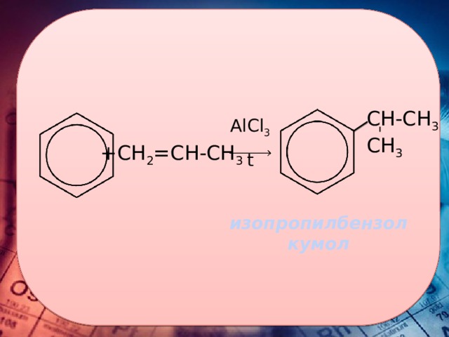 CH-CH 3 CH 3 AlCl 3 t +CH 2 =СH-CH 3    изопропилбензол кумол 8 