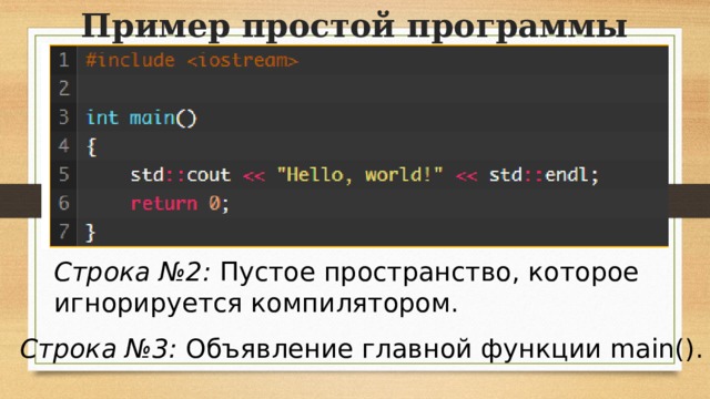 Пример простой программы Строка №2:  Пустое пространство, которое игнорируется компилятором. Строка №3:  Объявление главной функции main().