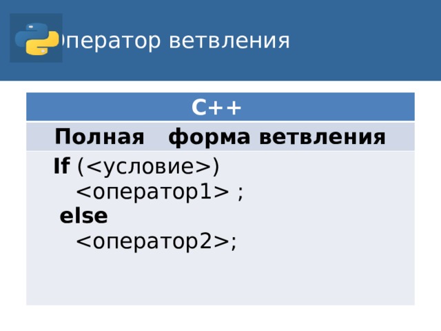Оператор ветвления C++ Полная форма ветвления If ()   ;  else  ;