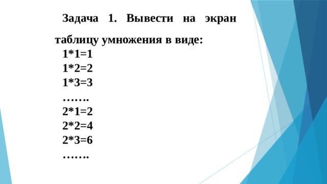 Задача 1. Вывести на экран таблицу умножения в виде: 1*1=1 1*2=2 1*3=3 …… . 2*1=2 2*2=4 2*3=6 …… .