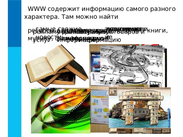 WWW содержит информацию самого разного характера. Там можно найти самые свежие новости: политические экономические культурные спортивные техническую информацию ресурсы для досуга и развлечений - книги, музыку, фильмы, игры справочную информацию научную информацию рекламу разнообразных товаров и услуг образовательную информацию