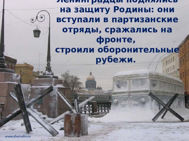 Ленинградцы поднялись на защиту Родины: они вступали в партизанские отряды, сражались на фронте,  строили оборонительные рубежи.