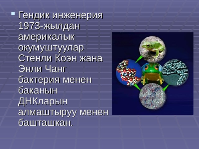 Гендик инженерия 1973-жылдан америкалык окумуштуулар Стенли Коэн жана Энли Чанг бактерия менен баканын ДНКларын алмаштыруу менен башташкан. 