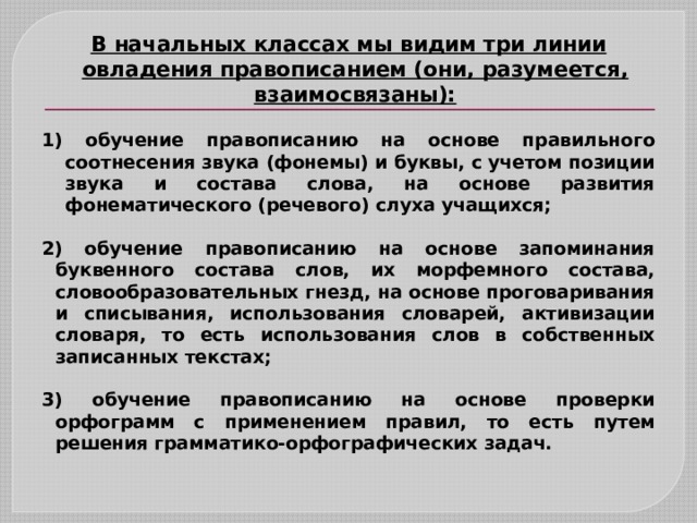 Овладение орфографическими. Голосовое обучение правописанию.