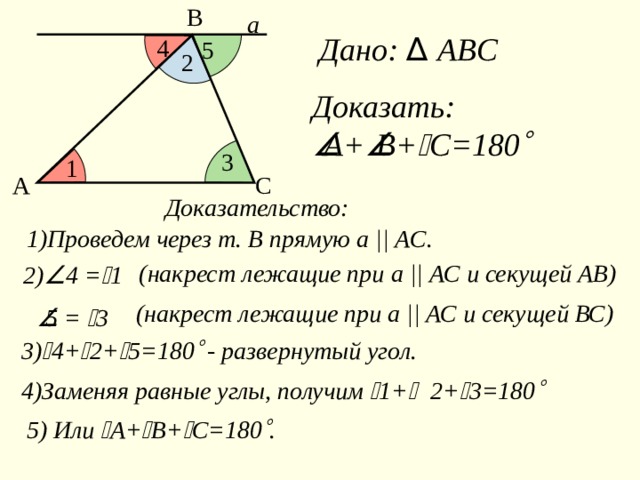 Теорема: Сумма  углов  треугольника равна 180  . 