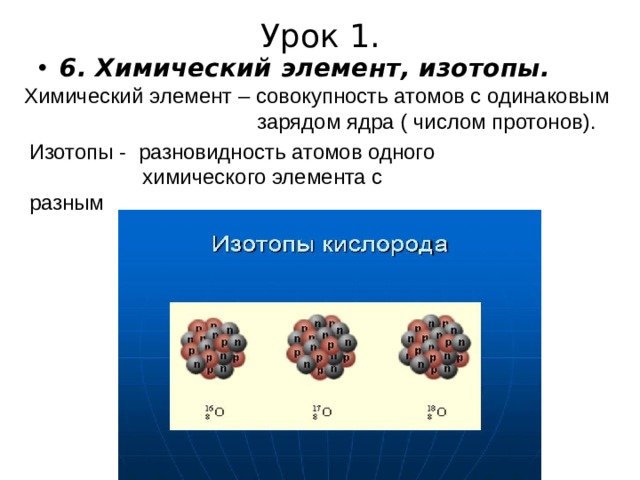Урок 1. 6. Химический элемент, изотопы. Химический элемент – совокупность атомов с одинаковым  зарядом ядра ( числом протонов). Изотопы - разновидность атомов одного  химического элемента с разным  числом нейтронов в ядре. 