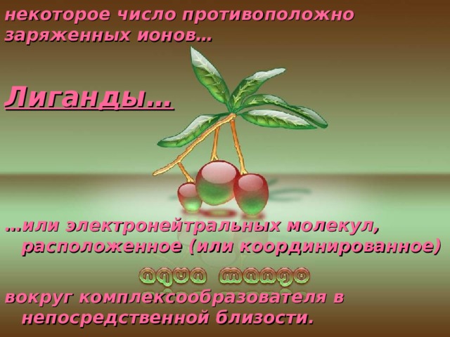 некоторое число противоположно заряженных ионов… Лиганды… … или электронейтральных молекул, расположенное (или координированное)  вокруг комплексообразователя в непосредственной близости. Самсонова Валентина, 11 