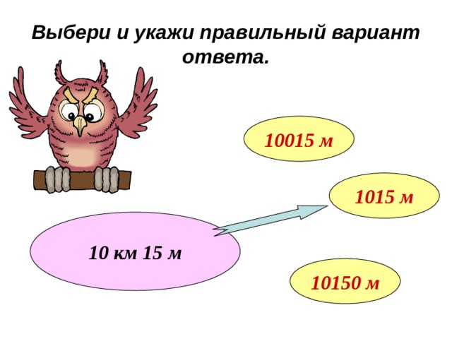 Выбери и укажи правильный вариант ответа. 10015 м 1015 м 10 км 15 м 10150 м 